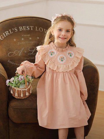 Retro Floral Embroidered Stand Collar Girls Dress, Nature Style