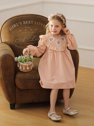 Retro Floral Embroidered Stand Collar Girls Dress, Nature Style