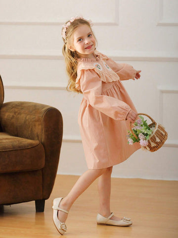 Retro Floral Embroidered Stand Collar Girls Dress, Nature Style