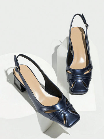 Retro French Mary Jane Shallow Mouth Square Toe Hollow Chunky High Heel Shoes For Women, Comfortable, One Strap, Sandals For Spring Summer Autumn