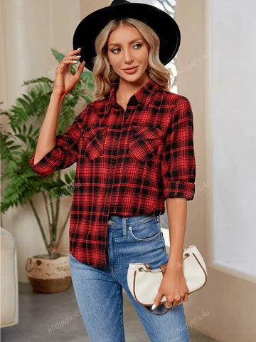 Retro High-End Plaid Long Sleeve Shirt Blouse