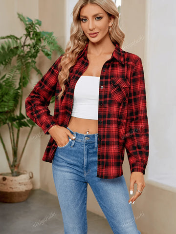 Retro High-End Plaid Long Sleeve Shirt Blouse