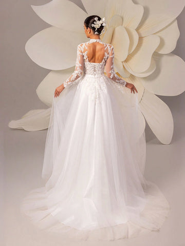Retro Lace Elegant Palace Style Tulle Trailing Wedding Dress, Luxurious High-End Quality