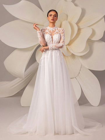 Retro Lace Elegant Palace Style Tulle Trailing Wedding Dress, Luxurious High-End Quality