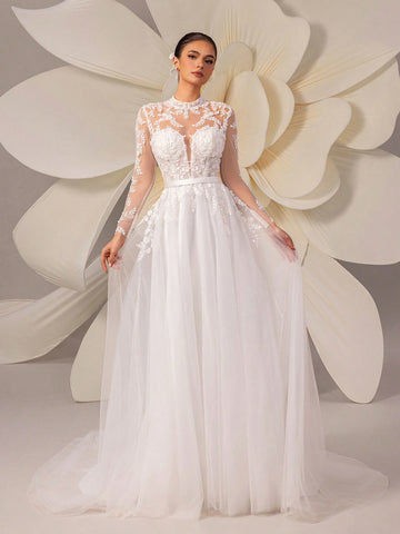 Retro Lace Elegant Palace Style Tulle Trailing Wedding Dress, Luxurious High-End Quality