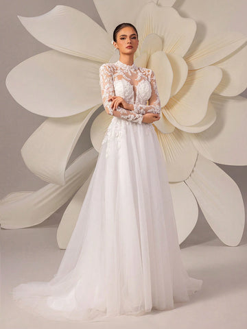 Retro Lace Elegant Palace Style Tulle Trailing Wedding Dress, Luxurious High-End Quality