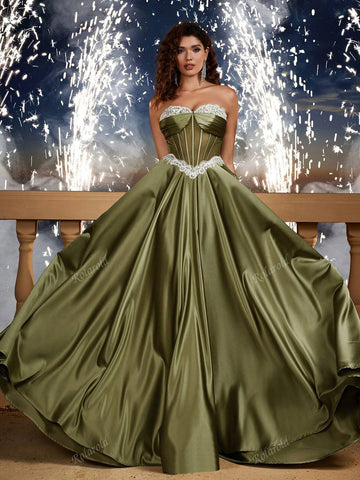 Retro Satin Strapless Formal Dress, Bridesmaid Gown, Wedding Event Dress