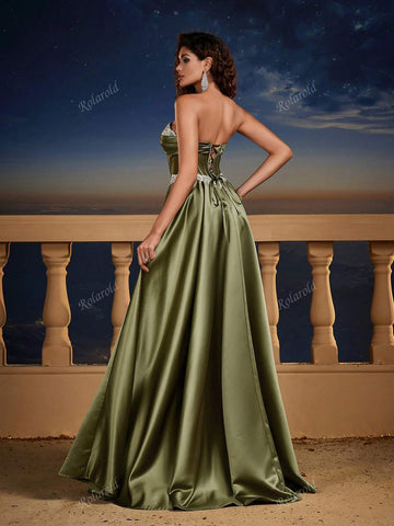 Retro Satin Strapless Formal Dress, Bridesmaid Gown, Wedding Event Dress