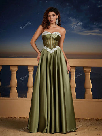 Retro Satin Strapless Formal Dress, Bridesmaid Gown, Wedding Event Dress