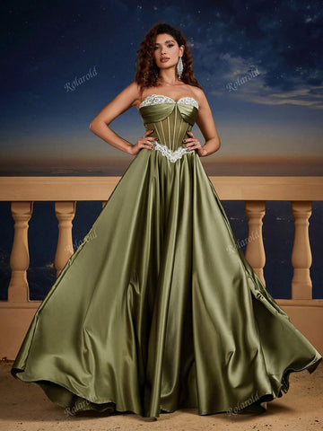 Retro Satin Strapless Formal Dress, Bridesmaid Gown, Wedding Event Dress