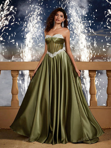 Retro Satin Strapless Formal Dress, Bridesmaid Gown, Wedding Event Dress