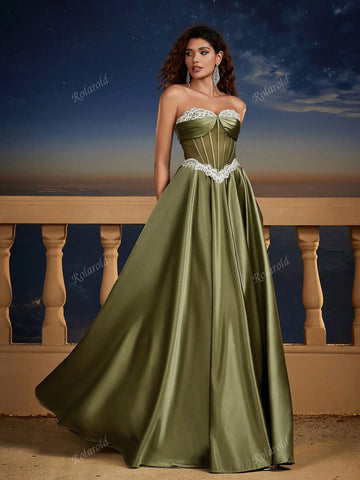 Retro Satin Strapless Formal Dress, Bridesmaid Gown, Wedding Event Dress