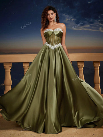 Retro Satin Strapless Formal Dress, Bridesmaid Gown, Wedding Event Dress