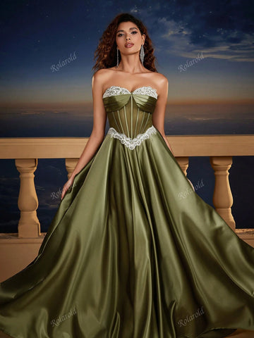 Retro Satin Strapless Formal Dress, Bridesmaid Gown, Wedding Event Dress