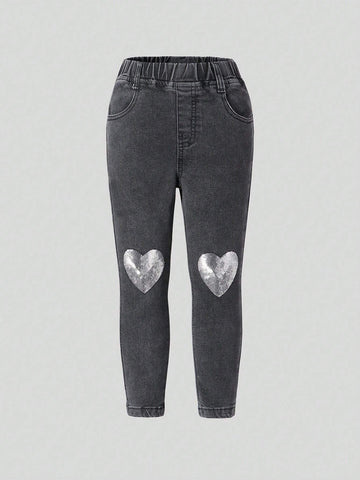 Kids Young Girl' Fashion Sweet Heart Rhinestone Embroidery Skinny Jeans