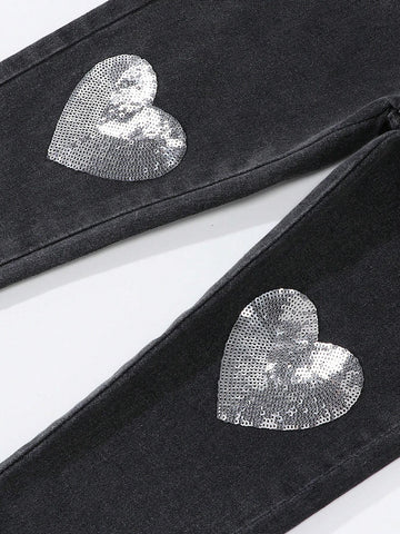 Kids Young Girl' Fashion Sweet Heart Rhinestone Embroidery Skinny Jeans