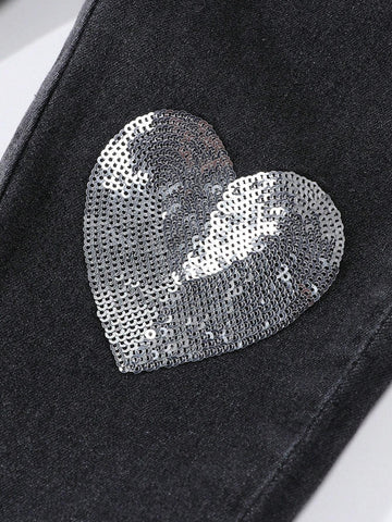 Kids Young Girl' Fashion Sweet Heart Rhinestone Embroidery Skinny Jeans