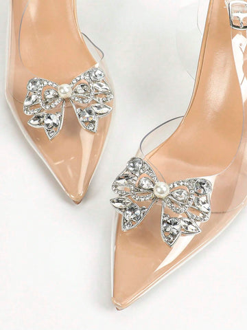 Rhinestone Bow Embellished Pointy Toe High Heel Shoes For Women, Fashionable Faux Pearl Metal Feel Transparent TPU Party High Heels