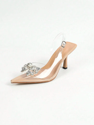 Rhinestone Bow Embellished Pointy Toe High Heel Shoes For Women, Fashionable Faux Pearl Metal Feel Transparent TPU Party High Heels