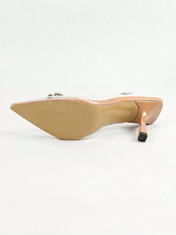 Rhinestone Bow Embellished Pointy Toe High Heel Shoes For Women, Fashionable Faux Pearl Metal Feel Transparent TPU Party High Heels