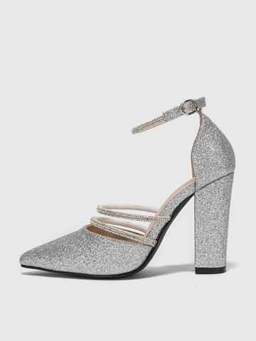 Rhinestone Decor Glitter Ankle Strap Pumps