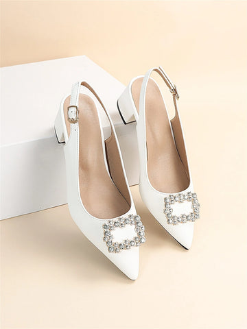 Rhinestone Decor Point Toe Chunky Heeled Slingback Pumps