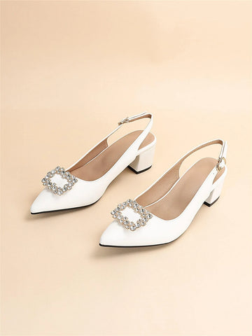 Rhinestone Decor Point Toe Chunky Heeled Slingback Pumps