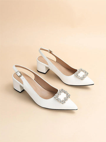 Rhinestone Decor Point Toe Chunky Heeled Slingback Pumps