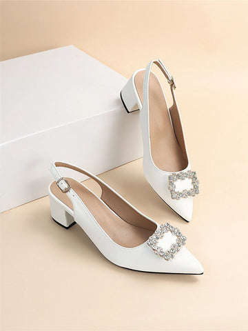 Rhinestone Decor Point Toe Chunky Heeled Slingback Pumps