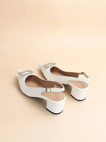 Rhinestone Decor Point Toe Chunky Heeled Slingback Pumps
