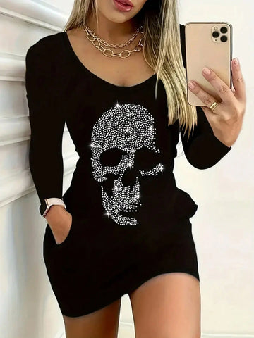 Rhinestone Decor Round Neck Fitted Bodycon Mini Dress, Elegant Long Sleeve Sheath Dress Suitable For Club And Party, Women Clothing