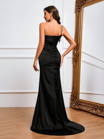 Rhinestone Decor Spaghetti Strap High Slit Bodycon Asymmetric Formal Dress