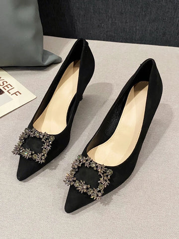 Rhinestone Decor Stiletto Heeled Court Pumps, Black Party Rhinestone Solid Color