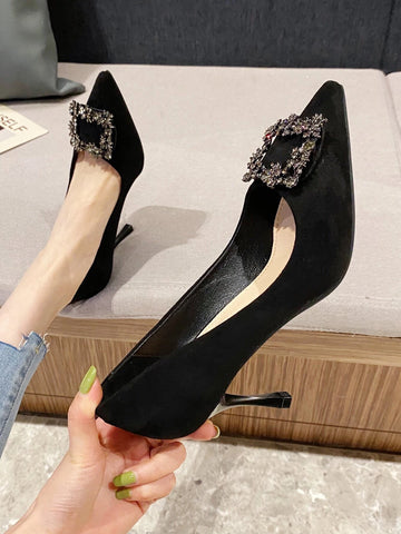 Rhinestone Decor Stiletto Heeled Court Pumps, Black Party Rhinestone Solid Color