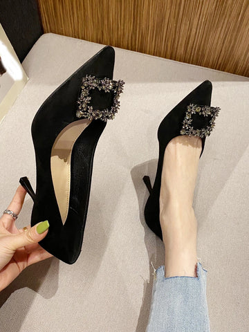 Rhinestone Decor Stiletto Heeled Court Pumps, Black Party Rhinestone Solid Color