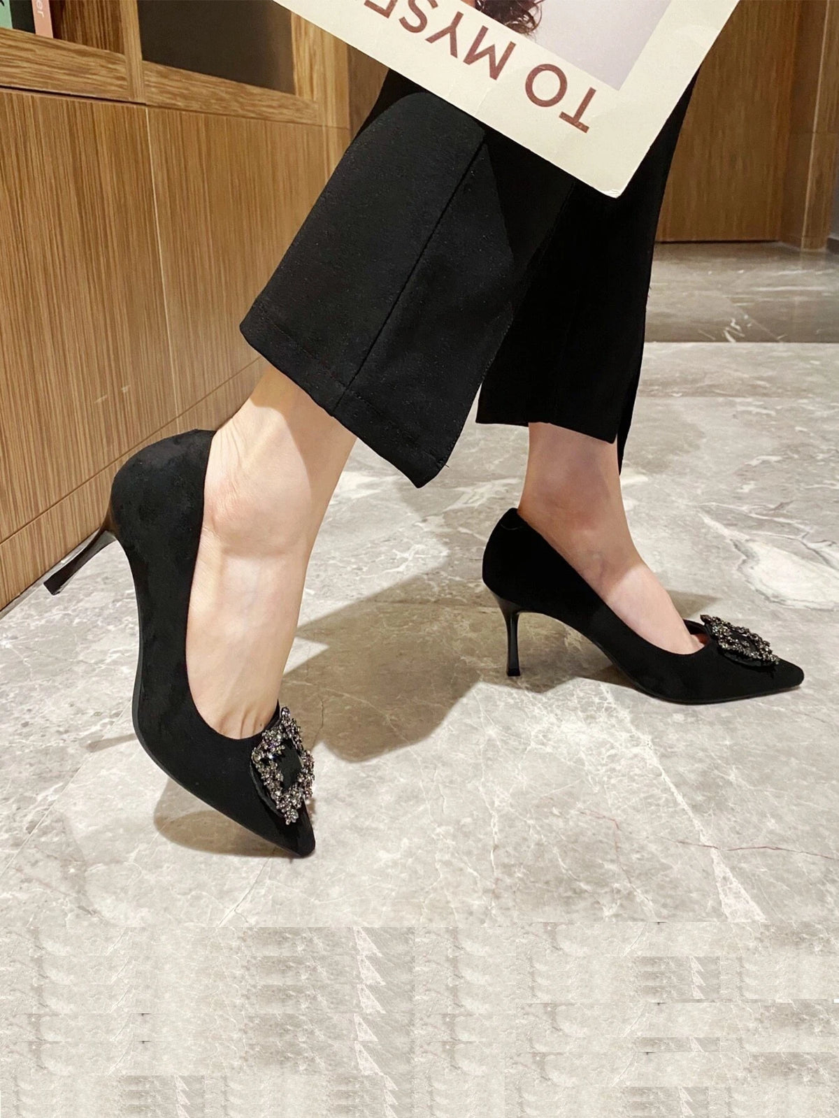 Rhinestone Decor Stiletto Heeled Court Pumps, Black Party Rhinestone Solid Color