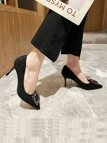 Rhinestone Decor Stiletto Heeled Court Pumps, Black Party Rhinestone Solid Color