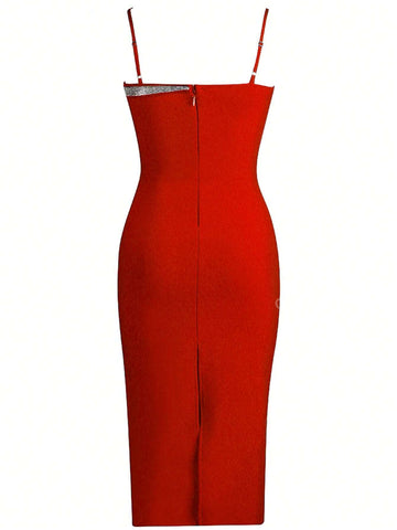 Rhinestone Detail Asymmetrical Neck Bodycon Dress