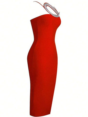 Rhinestone Detail Asymmetrical Neck Bodycon Dress