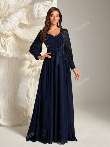 Heart Neckline, Waist Cinched, Pearl & Beaded Decor Bridesmaid Dress