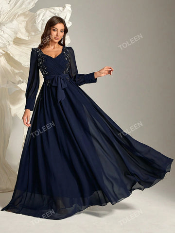 Heart Neckline, Waist Cinched, Pearl & Beaded Decor Bridesmaid Dress