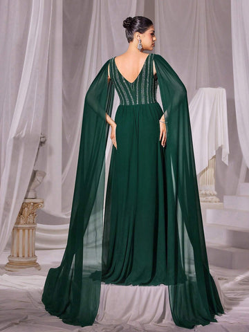 Rhinestone Detail Extra-Long Sleeves Chiffon Formal Dress