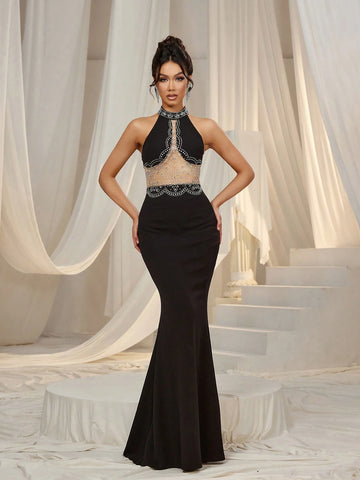 Rhinestone Detail Halter Neck Cut Out Party Dress