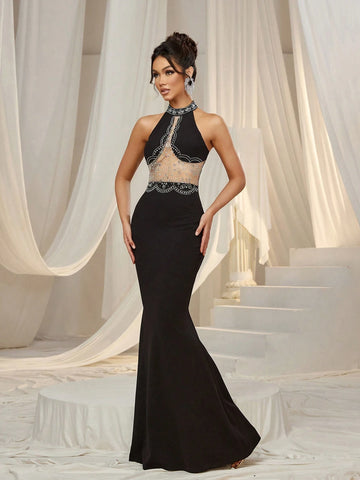 Rhinestone Detail Halter Neck Cut Out Party Dress