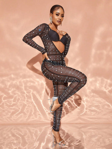 Rhinestone Detail Long Sleeve Bodycon Jumpsuit