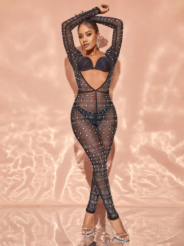 Rhinestone Detail Long Sleeve Bodycon Jumpsuit
