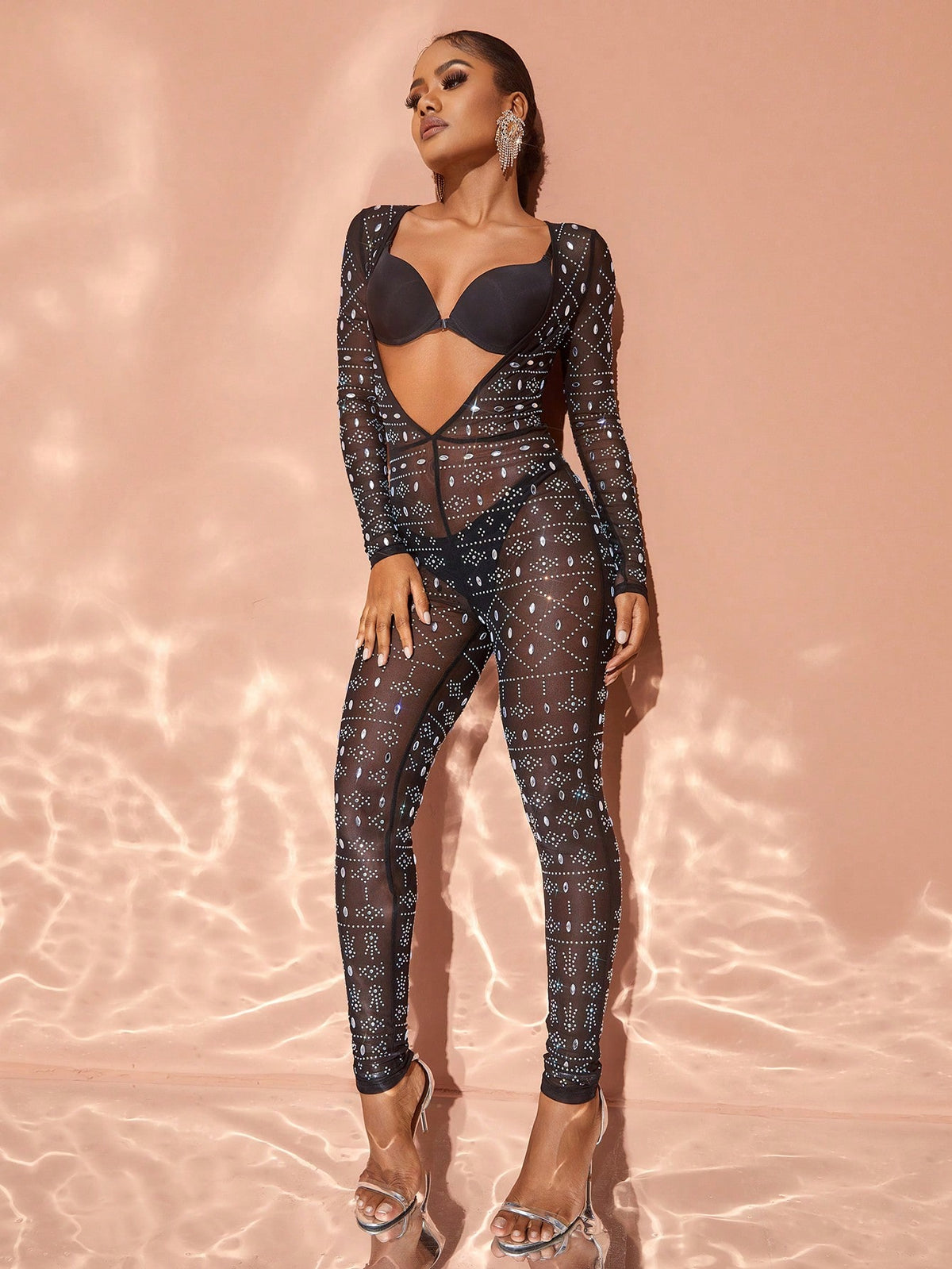 Rhinestone Detail Long Sleeve Bodycon Jumpsuit