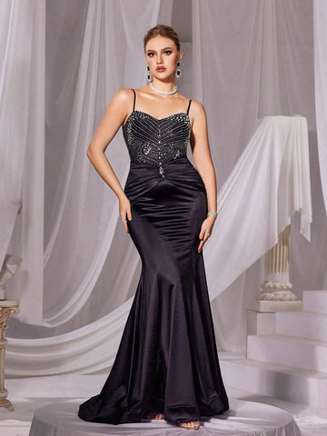 Rhinestone Detail Mermaid Hem Cami Party Dress