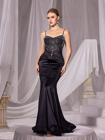 Rhinestone Detail Mermaid Hem Cami Party Dress