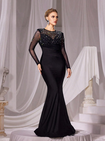 Rhinestone Detail Mermaid Hem Formal Dress